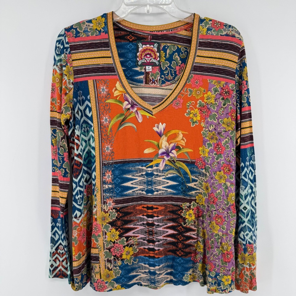 Johnny Was Allie Flower Top Womens XS Patchwork Floral Bamboo V-Neck Long Sleeve